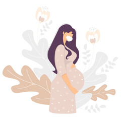 Motherhood. Happy pregnant woman in a medical mask gently hugs her belly with her hands, on a background with a decor of delicate plants and flowers. Vector illustration. concept of Covid, pandemic