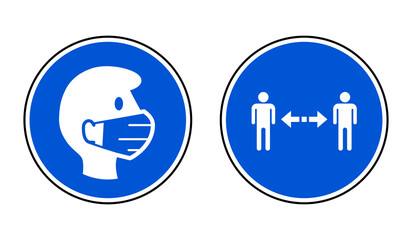 Wear a Face Mask and Keep Your Distance Round Warning or Instruction Icon Set against the Spread of Coronavirus Covid-19. Vector Image.