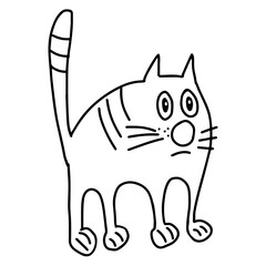 Hand drawn black vector illustration a portrait of a beautiful sad adult young cat with big sad eyes isolated on a white background