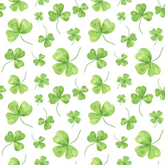 Shamrock leaves repeat pattern, a symbol of luck in Ireland and its spring holiday, St Patrick's day, seasonal watercolor illustration, vintage and romantic style used for postcards