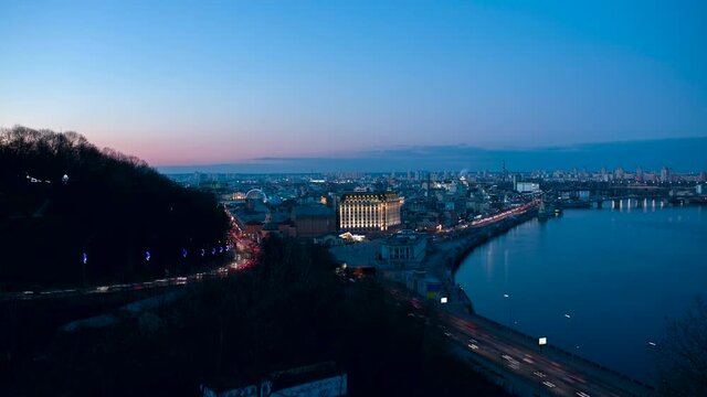 Night city timelapse, Kiev, Ukraine. Transition from day to night.