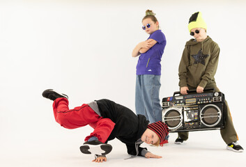 dancing children, breakdance group, boombox, white background, girl and boys, happy kids, hip-hop...