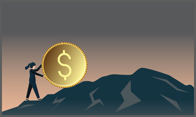 flat vector illustration of business woman carrying coins to mountain top with blue gradient