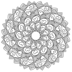 Mandala with hearts and curled arches, zen coloring page with doodle patterns for Valentine's day