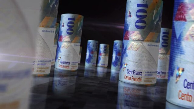 Swiss Francs rolls loop 3d animation. Seamless loopable abstract concept of economy, finance, cash, business and banking in Switzerland. Money on the table. Camera between CHF rolled banknotes.