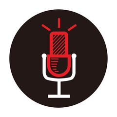 red and white simple line art microphone isolated on black circle - simple line art microphone for music, radio, broadcast or podcast - line art microphone logo or icon