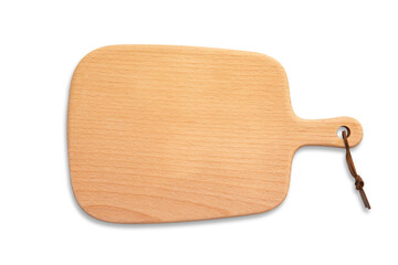 Single wooden cutting board isolated on white background.