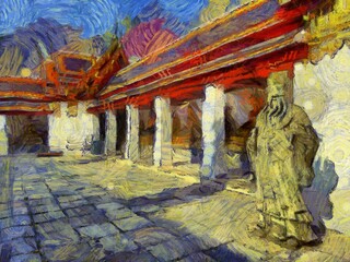 Landscape of Wat Pho in Bangkok Illustrations creates an impressionist style of painting.