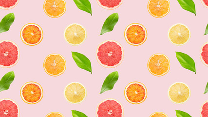 seamless pattern with citrus and leaves on a light blue background