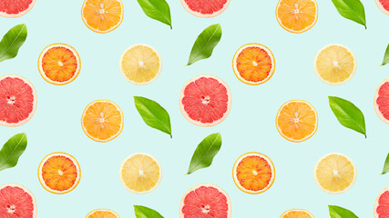 seamless pattern with citrus and leaves on a light blue background