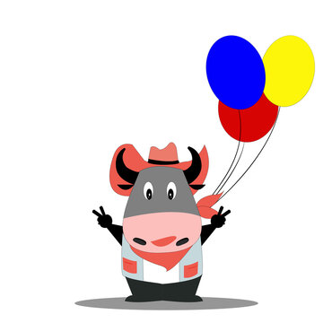 Happy  cowboy cow cartoon with colorful balloons , Funny cow cartoon character, Fighting cow vector flat isolate design on white background, logo template, 2021 Year of the Ox cartoon image design