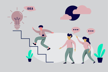 modern flat people character. Business concept. Team metaphor. teamwork climb the stairs to get an idea. brainstorming concept. ideal for websites, landing pages, UI, mobile applications, posters.