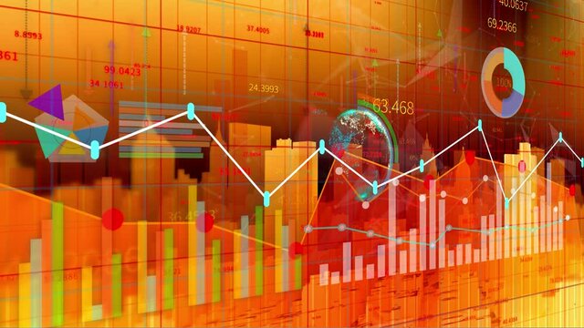 4K financial chart with tech city background;Business tech digital Data trend hud Graph;Changing Economic node line;Digital Tableau of Stock Market Values.