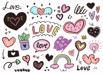 Love heart girly fashion sticker outline drawing. Romantic element in white background illustration