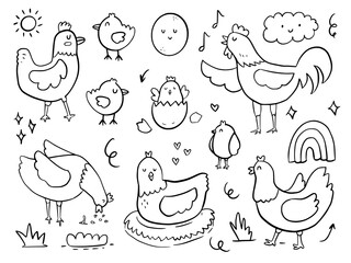 Set of cute chicken hen doodle drawing cartoon for kids coloring and print