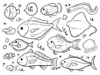 Set of fish doodle drawing cartoon for kids and print