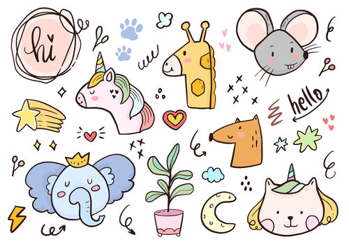 Set of cute unicorn and animal sticker doodle drawing cartoon for kids coloring and print