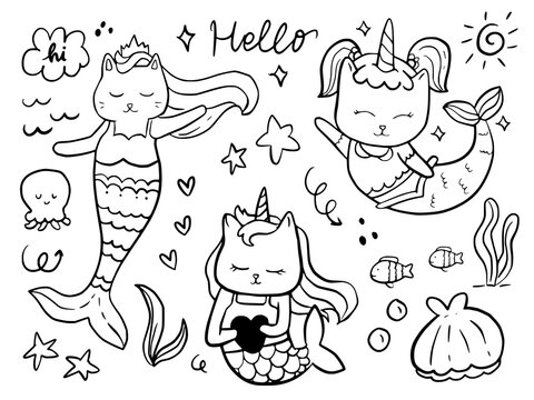 Set of cute cat mermaid doodle cartoon drawing for kids coloring and print.Set of cute cat mermaid doodle cartoon drawing for kids coloring and print.