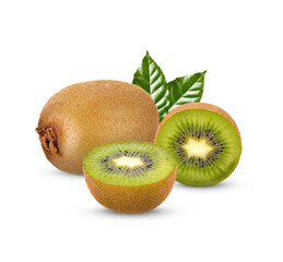 Fototapeta premium Fresh Kiwi fruit with leaves isolated on white background