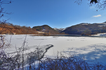 Winter lake landscape.