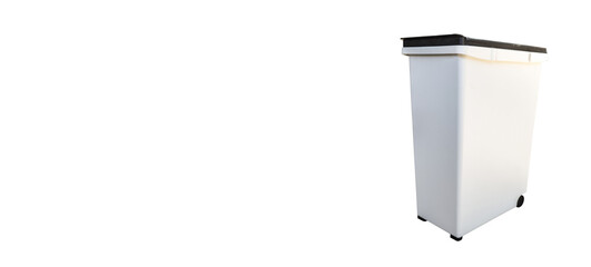 Gray trash can with lid and wheel.Plastic garbage for house or office on white background with clipping path and copy space.