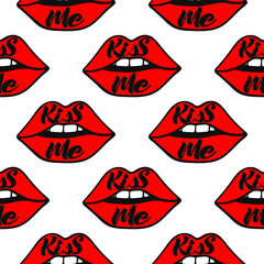 Lips seamless vector pattern. Pattern with woman's red  flat lips. Fashion backdrop. Vector background with lips for wedding and Valentine's day. The black handwritten phrase Kiss Me