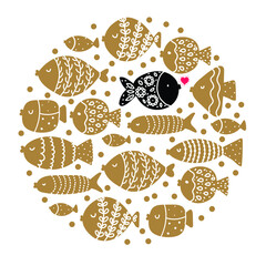 Cute gold fish card. Around motif with fish.