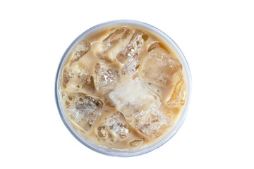 Top view of ice coffee on white background