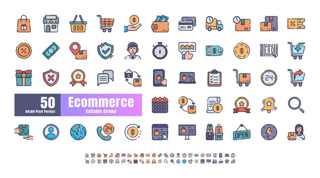 64x64 Pixel Perfect of Ecommerce Online Shopping Delivery. Filled Flat Color Thin Line Outline Editable Stroke Icons Vector. for Website, Application, Printing, Document, Poster Design, etc.
