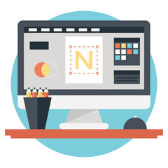 Vector icon illustration of modern web studio workplace. Web design office theme