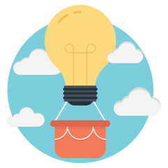 A good idea will carry you far, Hot air balloon made of light bulb, creative idea to freedom imagination. Flat style vector illustration.