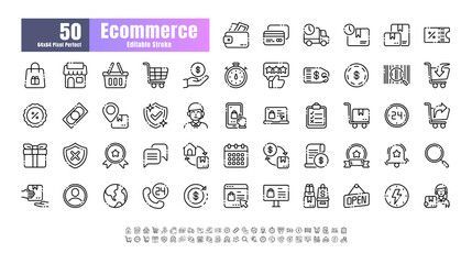 Fototapeta na wymiar 64x64 Pixel Perfect of Ecommerce Online Shopping Delivery. Thin Line Outline Editable Stroke Icons Vector. for Website, Application, Printing, Document, Poster Design, etc.