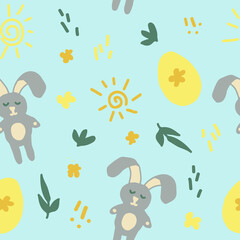 bunnies, easter eggs, leaves and doodle dashes seamless pattern in trending color 2021. vector hand drawn minimalism simple. wallpaper, textiles, wrapping paper. gold, yellow, green. child.