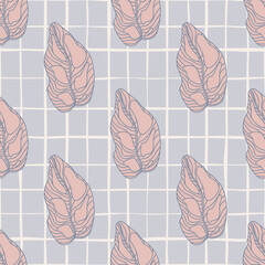 Hand drawn seamless doodle pattern with botanic pink outline leaves. Grey chequered background.