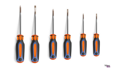 Set flathead screwdriver and phillips screwdriver different sizes. Professional realistic tool with orange black grip, isolated on white. Cruciform, slotted. Has a shadow. Vector illustration
