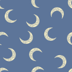 Seamless random pattern with grey colored islamic ramadan moon ornament. Blue background.