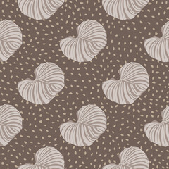 Light beige monstera seamless pattern in doodle style. Brown background with dots. Nature print.