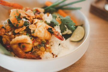 Fried Shrimp with garlic pepper on rice