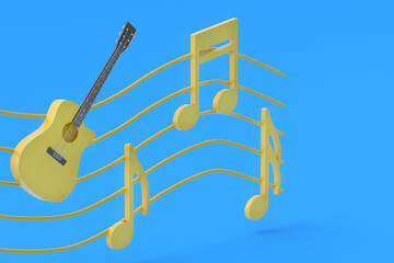 One vintage guitar and different notes on blue background. Retro stringed instrument. Musical education. Live concert concept. Acoustic sound. 3d rendering
