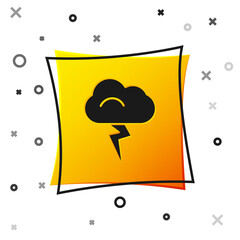 Black Storm icon isolated on white background. Cloud and lightning sign. Weather icon of storm. Yellow square button. Vector Illustration.
