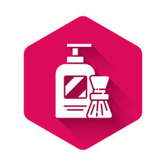 White Shaving gel foam and brush icon isolated with long shadow. Shaving cream. Pink hexagon button. Vector Illustration.