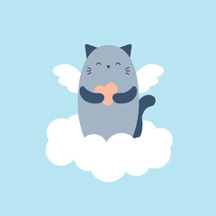 Angel cat on a cloud with a heart in its paws. Colorful vector illustration for Valentine's day card