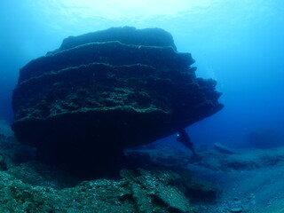 scuba diver underwater with rocks discovering reefs ocean scenery human