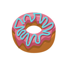 A single delicious doughnut with pink icing and blue cream. Cute donut covered with chocolate cream isolated on white background. Vector illustration in flat style. isometric view