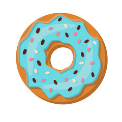 Single mouth-watering doughnut with blue icing and colored powder. Delicious donut covered with chocolate cream, isolated on a white background. Vector illustration in flat style. View from the top.