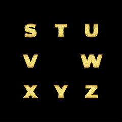 Set of realistic gold glitter alphabets on black background. Capital letters S, T, U, V, W, X, Y, and Z. Vector decoration suitable for celebration, birthday, anniversary, new year, wedding, party