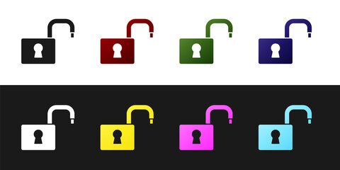 Set Open padlock icon isolated on black and white background. Opened lock sign. Cyber security concept. Digital data protection. Vector.