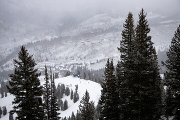 Overcast chairlift below forest and ski run