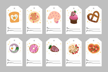 Valentine's Day templates. Romatic labels with love food. All tags are isolated. Vector hand drawn illustration.