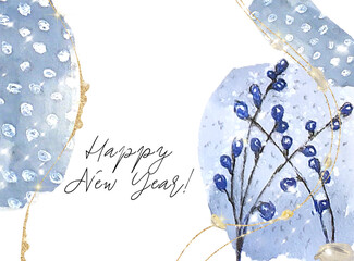 Watercolor shapes with doodles in blue tones with gold glitter. Happy New Year! The basis for the design for invitation, banner, website, instagram. Modern trendy design